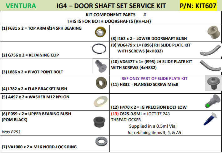 VENTURA IG4 INWARD GLIDER - DOORSHAFT SET SERVICE KIT